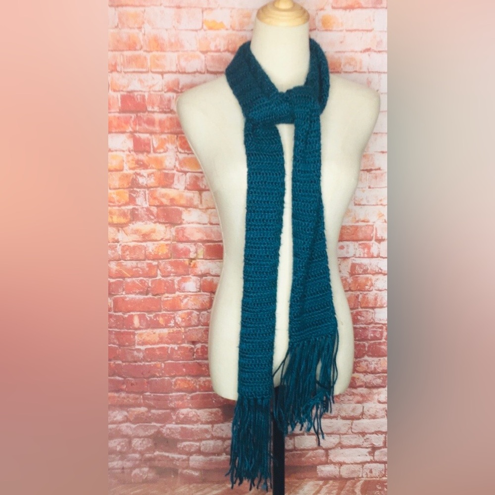 Teal Knit Scarf with Fringe